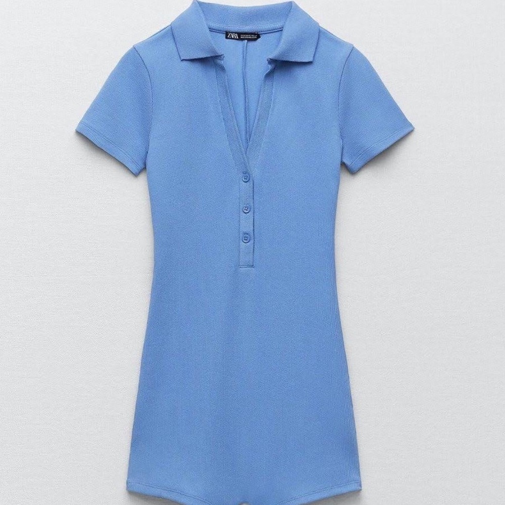 Zara Blue Ribbed Short Polo Romper in Blue